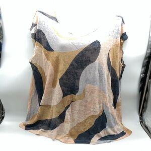 Rachel Zoe Multicolor Abstract Print Short Capped Sleeve 100% Linen Top-Size XXL